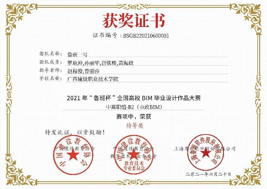 2021年“魯班杯”全國高校BIM畢業(yè)設(shè)計作品市政BIM應(yīng)用特等獎獲獎證書